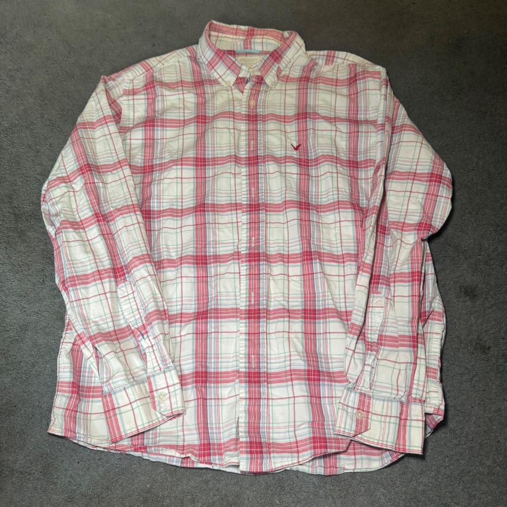 American Eagle Mens Plaid Button Down Shirt Red White Blue Long Sleeve Large
